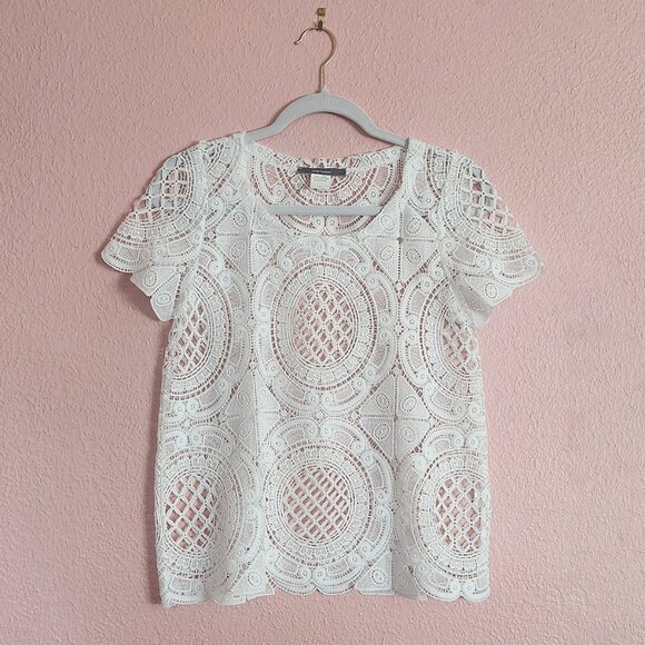 ModCloth Blue Tassel White Lace Short Sleeve Top Size S Like New - Picture 1 of 11